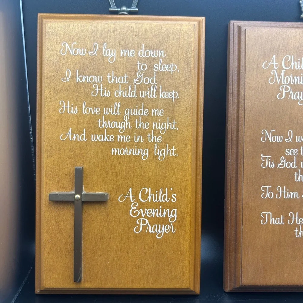 Vintage A Childs Morning and Evening Prayer Wood Wall Plaques Set of 2 Nursery
